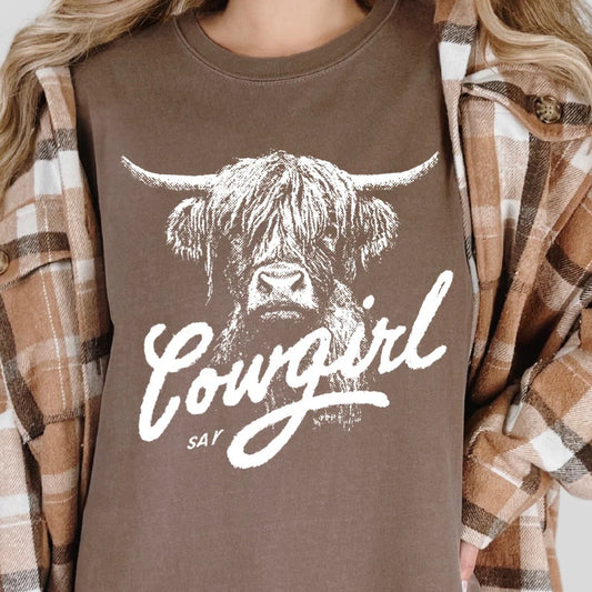 Comfort Colors Brand T-Shirt Say Cowgirl Highland Cow Graphic Tee Western Farm Life