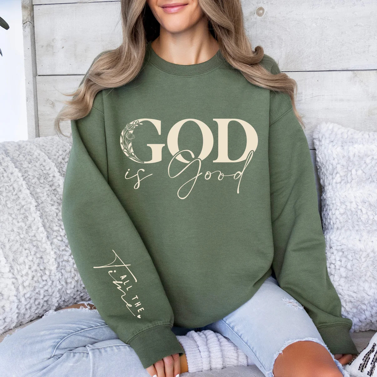 Christian God Is Good All The Time Graphic Crewneck Sweatshirt with Sleeve