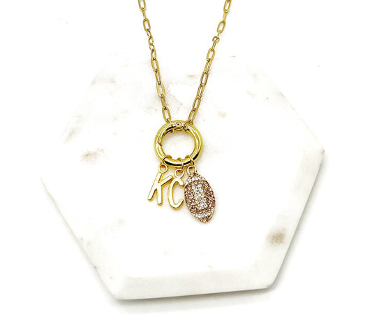 KC Football Charm Chiefs Rhinestone Kansas City Necklace Gold Bling