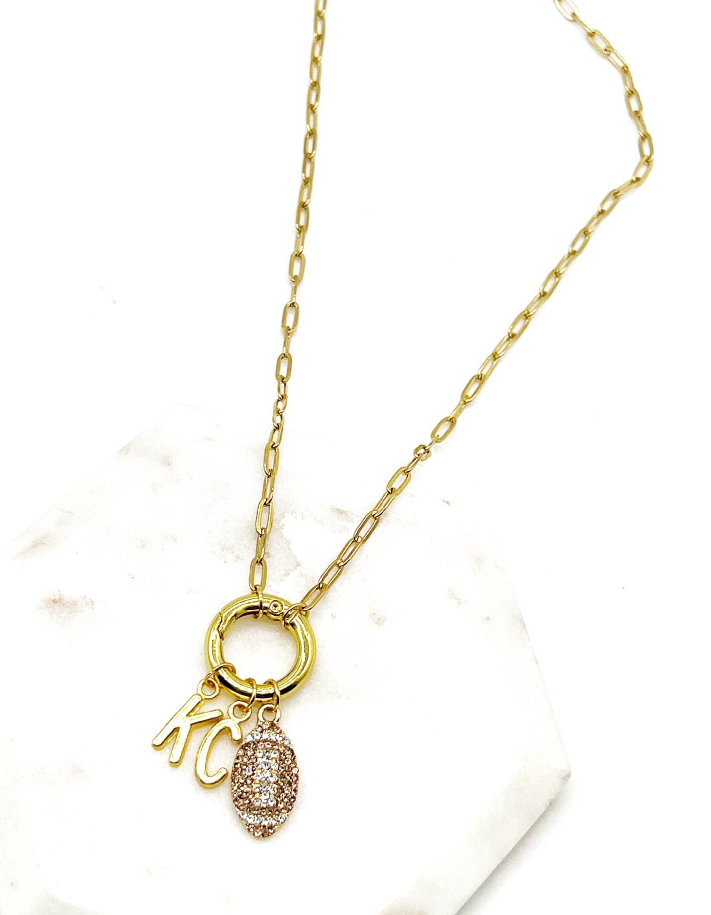 KC Football Charm Chiefs Rhinestone Kansas City Necklace Gold Bling