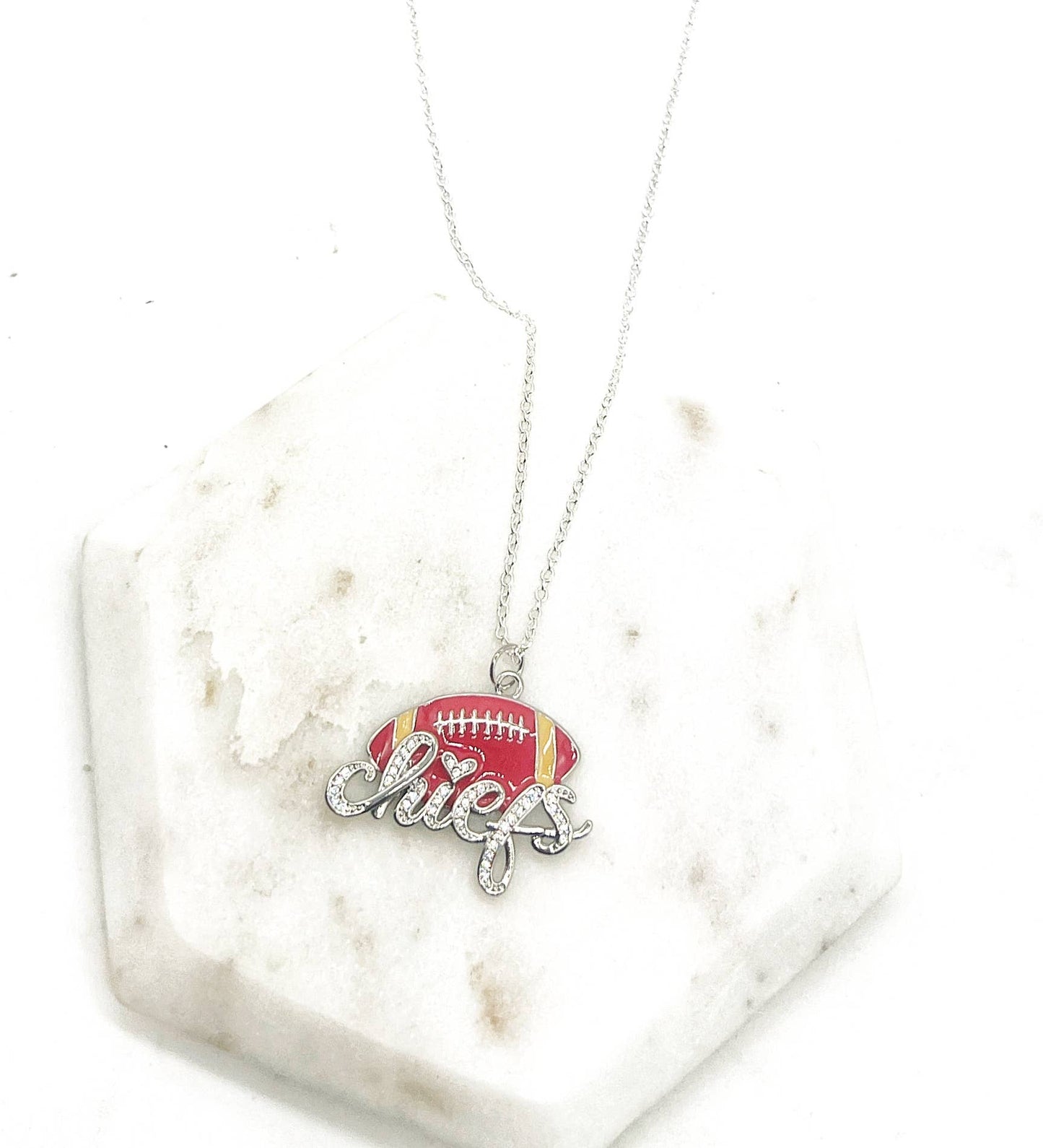 Silver KC Chiefs Bling Statement Charm Necklace KC Kansas City Football Pendant