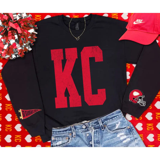 Bold KC Crewneck Sweatshirt with Sleeves Helment Banner Kansas City Chiefs Football