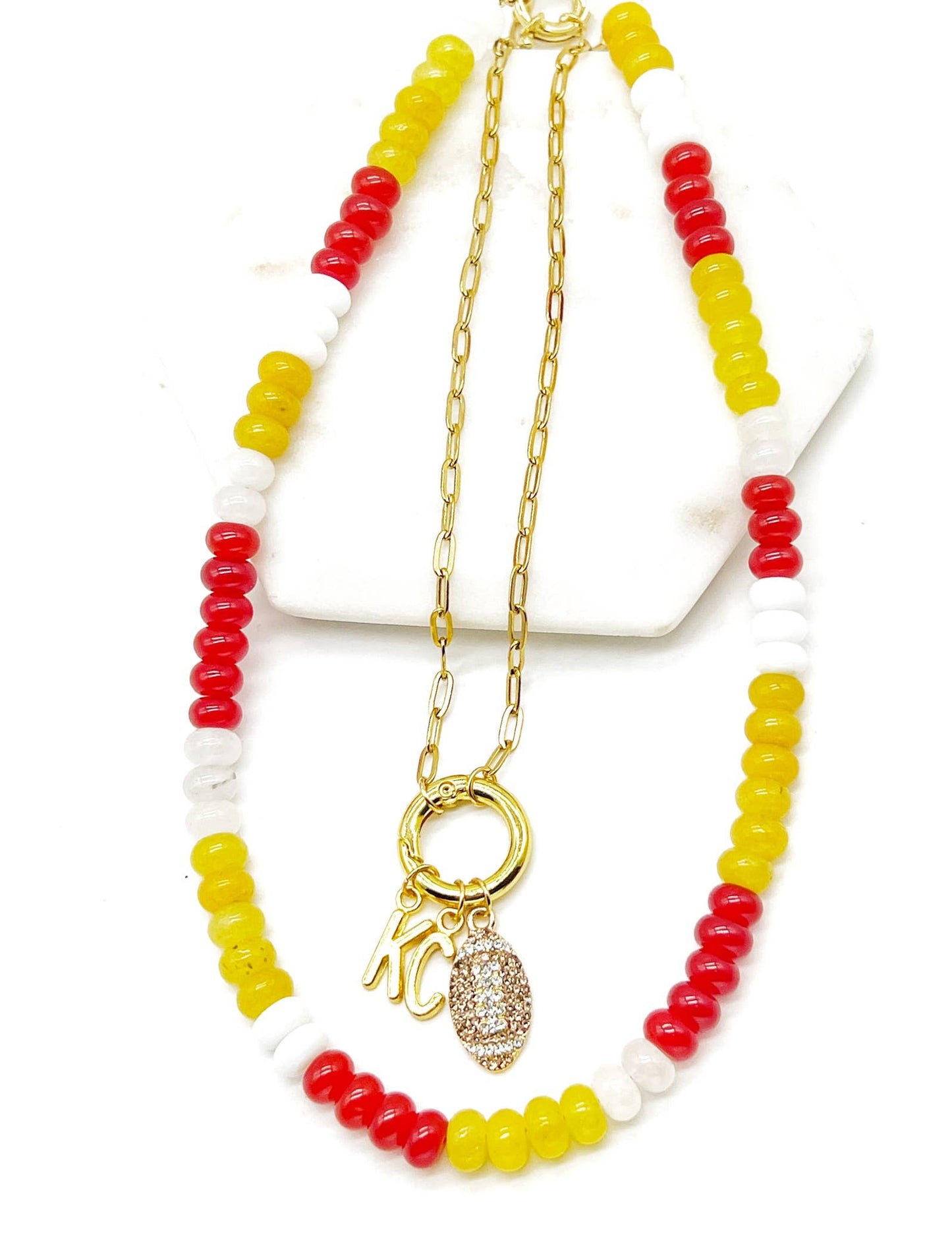 KC Football Charm Chiefs Rhinestone Kansas City Necklace Gold Bling