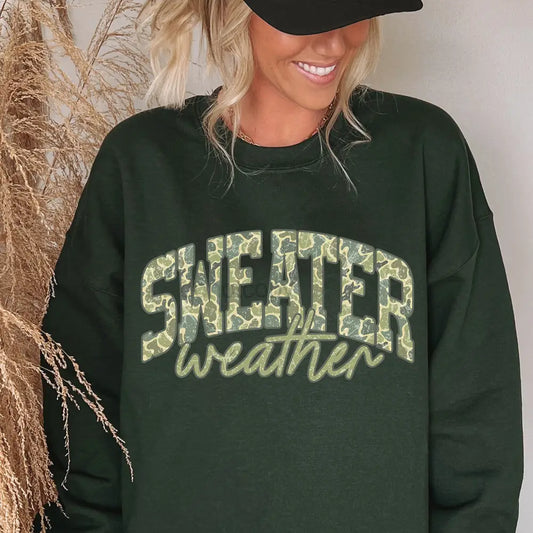 Camo Sweater Weather Graphic Crewneck Sweatshirt Military Green Gildan