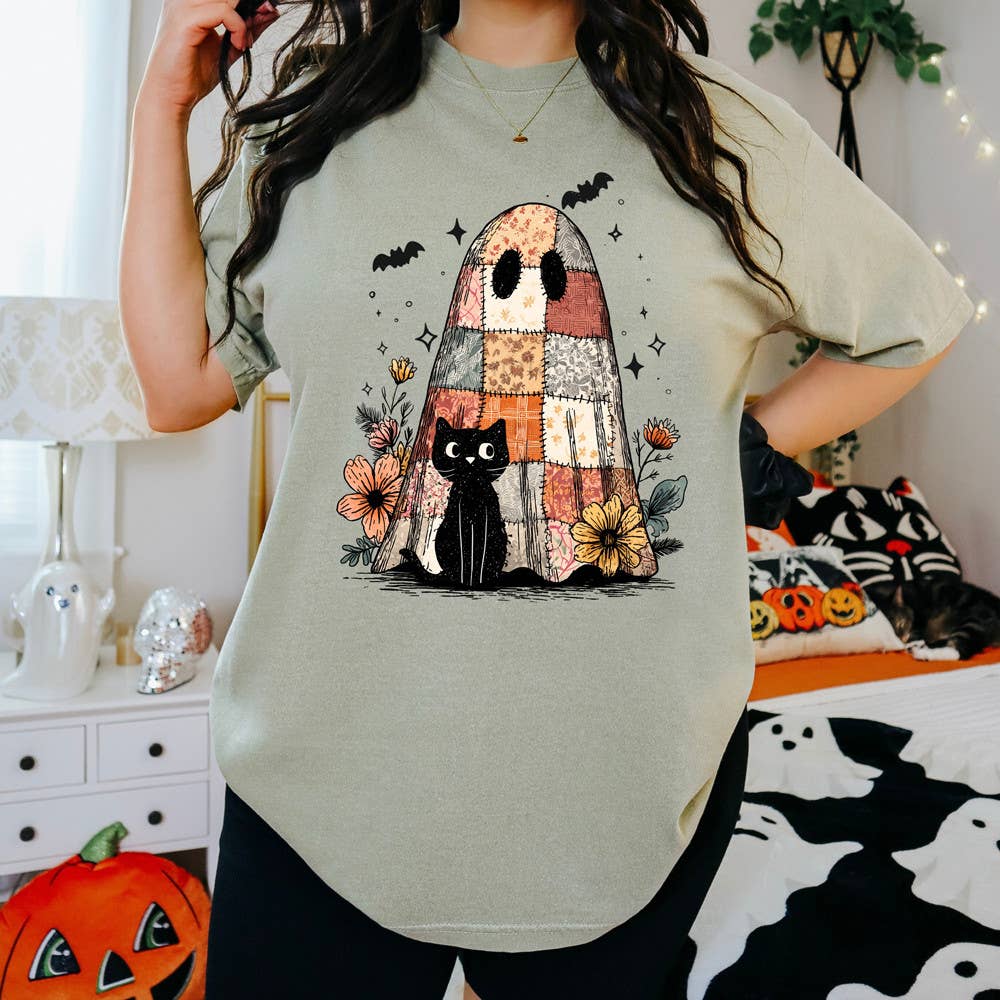 Halloween Patchwork Ghost Black Cat Comfort Colors Brand Crewneck T-Shirt