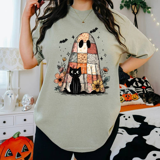 Halloween Patchwork Ghost Black Cat Comfort Colors Brand Crewneck T-Shirt