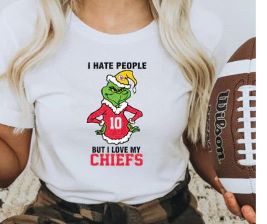 Holiday Christmas Kansas City Chiefs Football The Grinch I Hate People But I Love My Chiefs Graphic T-Shirt