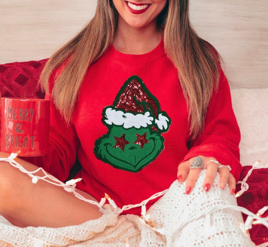 Holiday Christmas The Grinch Crewneck Sweatshirt with Chenille Patch