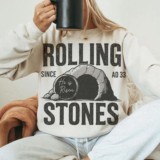 Easter Christian Rolling Stones He is Risen Graphic Crewneck Sweatshirt