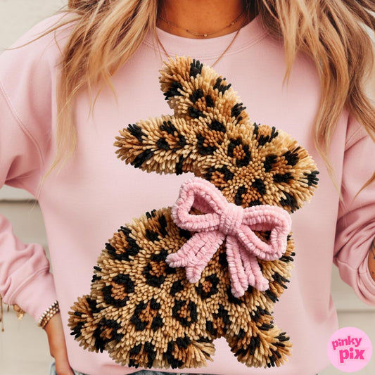 Easter Faux Yarn Leopard Bow Bunny Rabbit Graphic Crewneck Sweatshirt