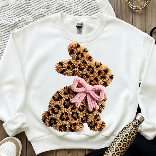Easter Faux Yarn Leopard Bow Bunny Rabbit Graphic Crewneck Sweatshirt