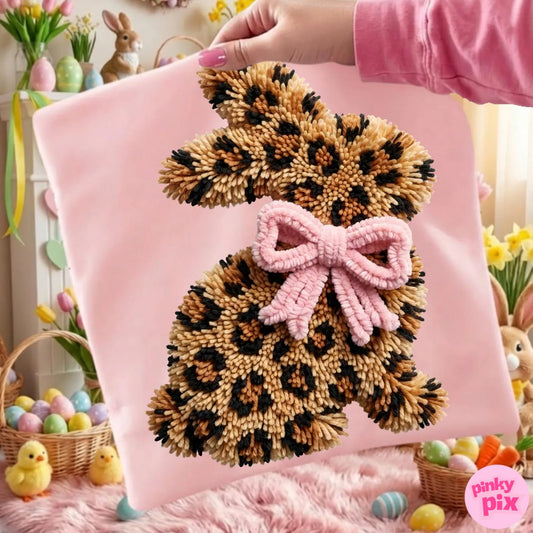 Easter Faux Yarn Leopard Bow Bunny Rabbit Graphic T-Shirt