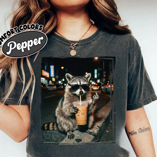 Viral Trendy Raccoon Iced Coffee T-Shirt Comfort Colors Brand Tee Pepper
