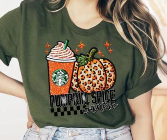 Trending Starbucks Coffee Pumpkin Spice Junkie Checkered Graphic T-Shirt Comfort Colors Brand
