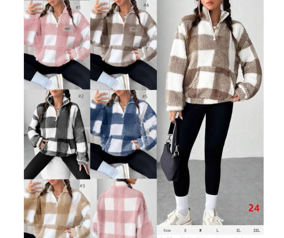 Women's Checkered Pullover Fleece Quarter Zip Front Pocket