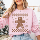 Women's Christmas Pink Checkered Gingerbread Man Graphic Crewneck Sweatshirt